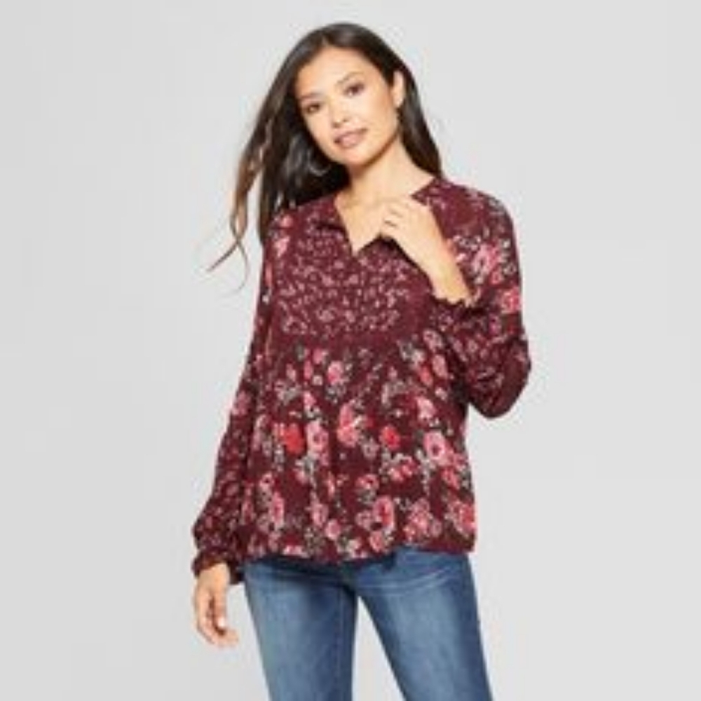 Knox rose floral printed long sleeve peasant boho purple pink top  xs s m l